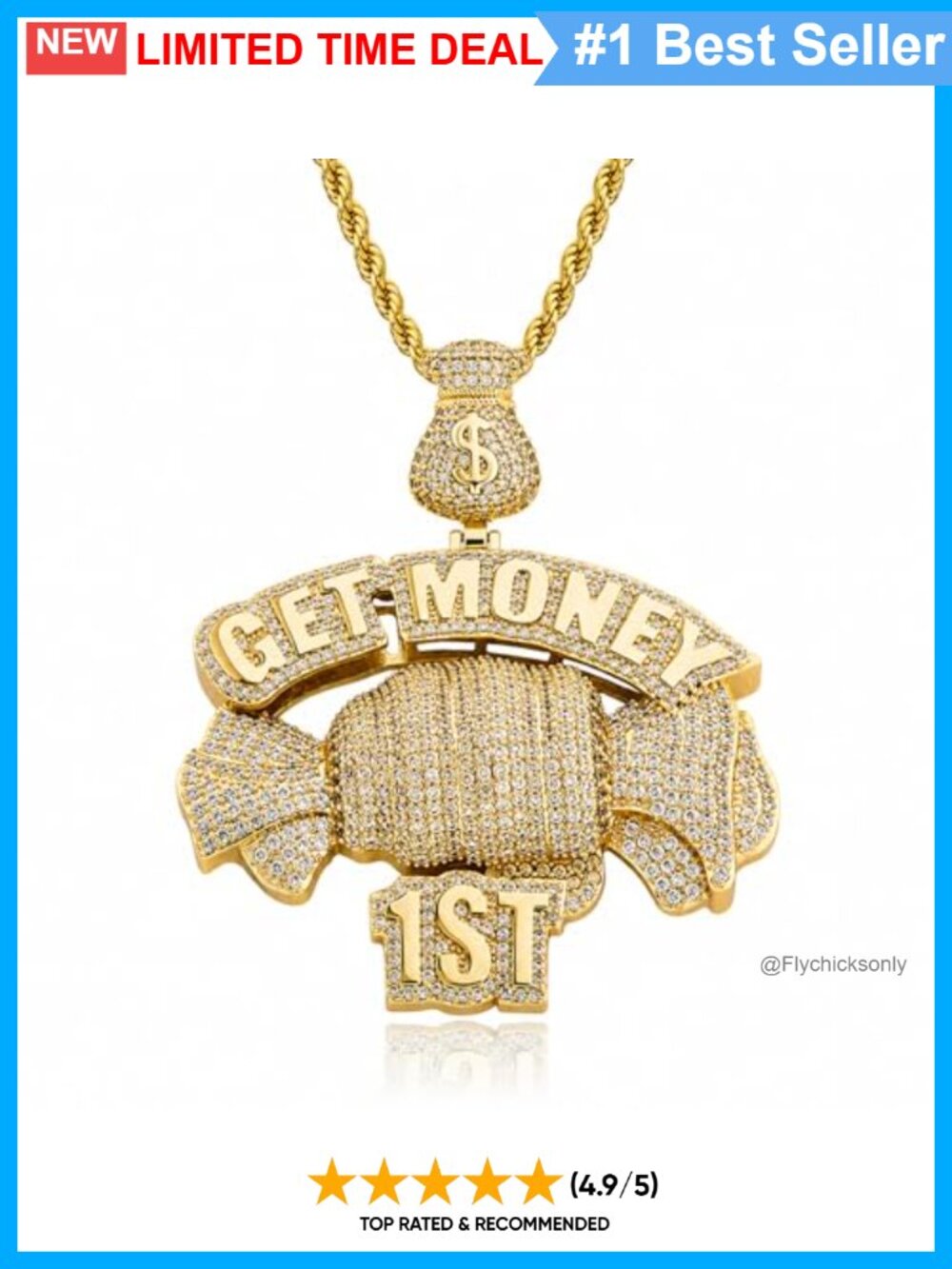 Men's ICEDIAMOND Iced Out CZ Holding Cash Big Pendant Necklace Gold Plated